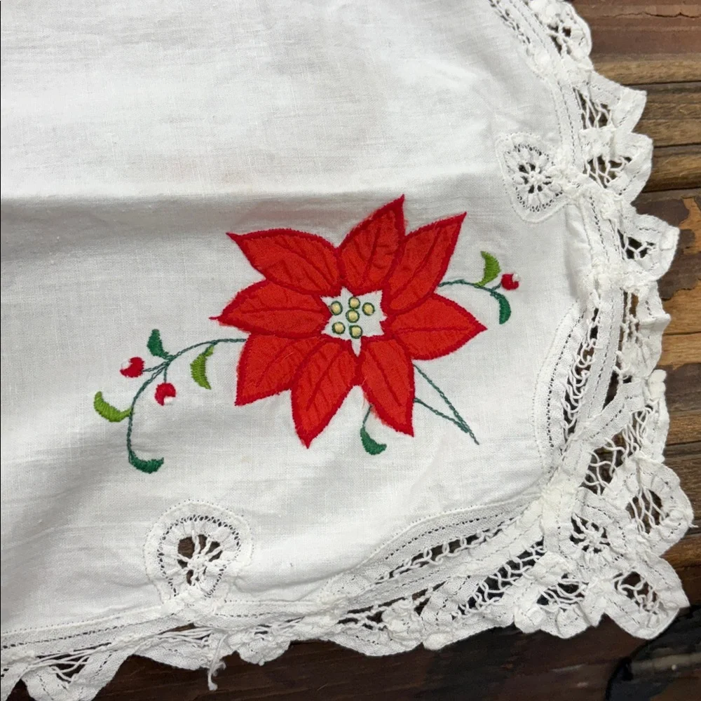 Embroidered Lace Table Runner with Red Pointsettia
